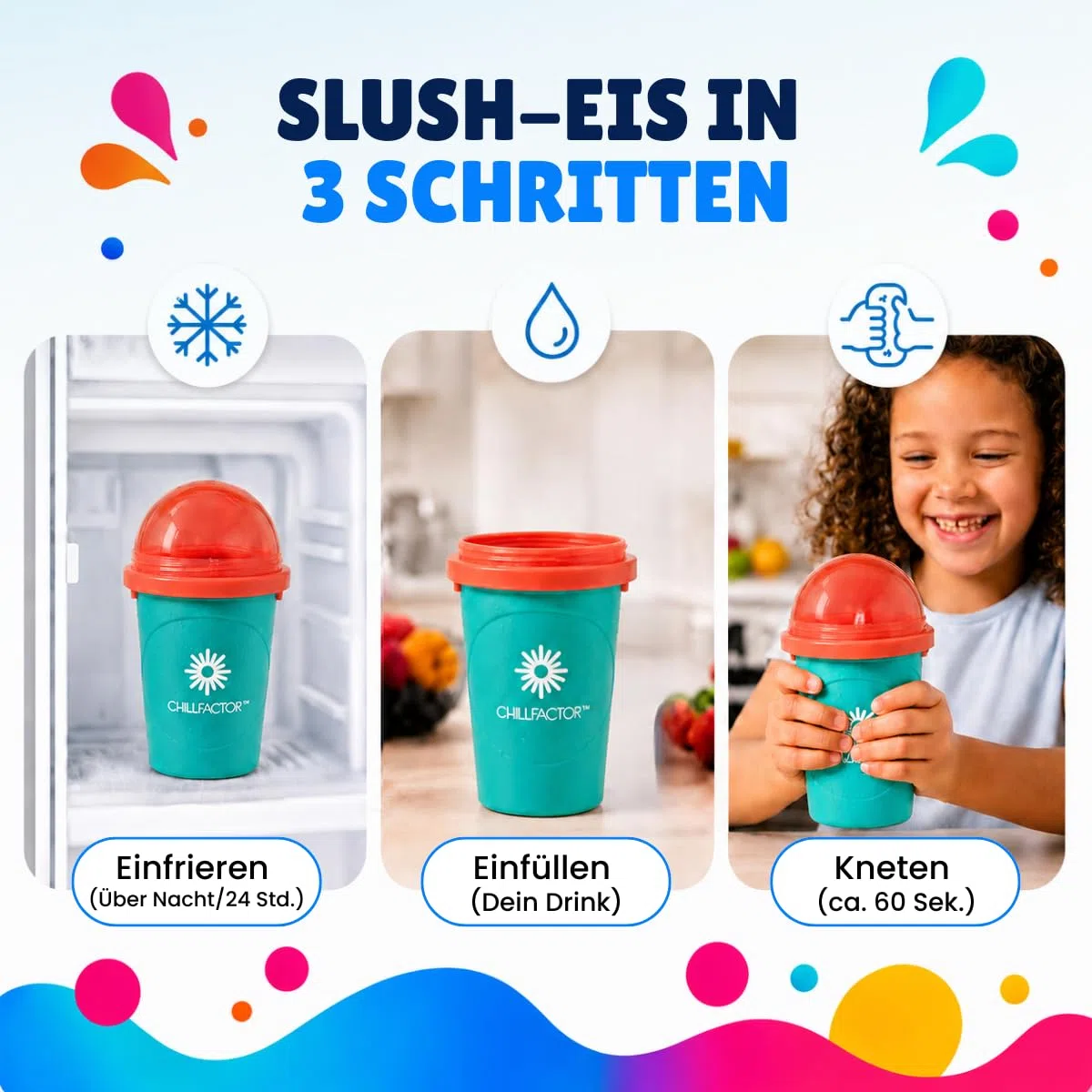 Slushy Maker – Tragbarer Slushy Becher aus Silikon mit 2-in-1 Strohhalm und Löffel – Slush Ice Maker für erfrischende Slushies – Slushi Cup zum Slush Eis selbermachen – 370ml