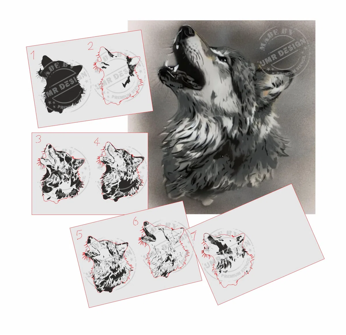 AS-363 Wolf Step by Step Schablone für Acryl, Airbrush, Spray, Lacke und Wandfarbe