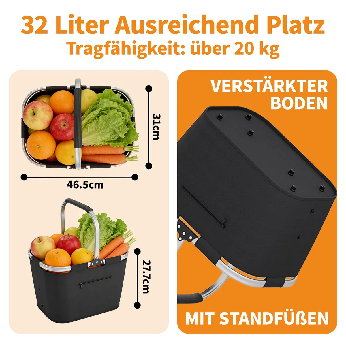 35L Einkaufskorb Faltbar mit 2 Stützstangen, Stabiler Einkaufstasche Familie mit Aluminium Griff wasserabweisendes Praktischer Tragekorb Groß für Reisen