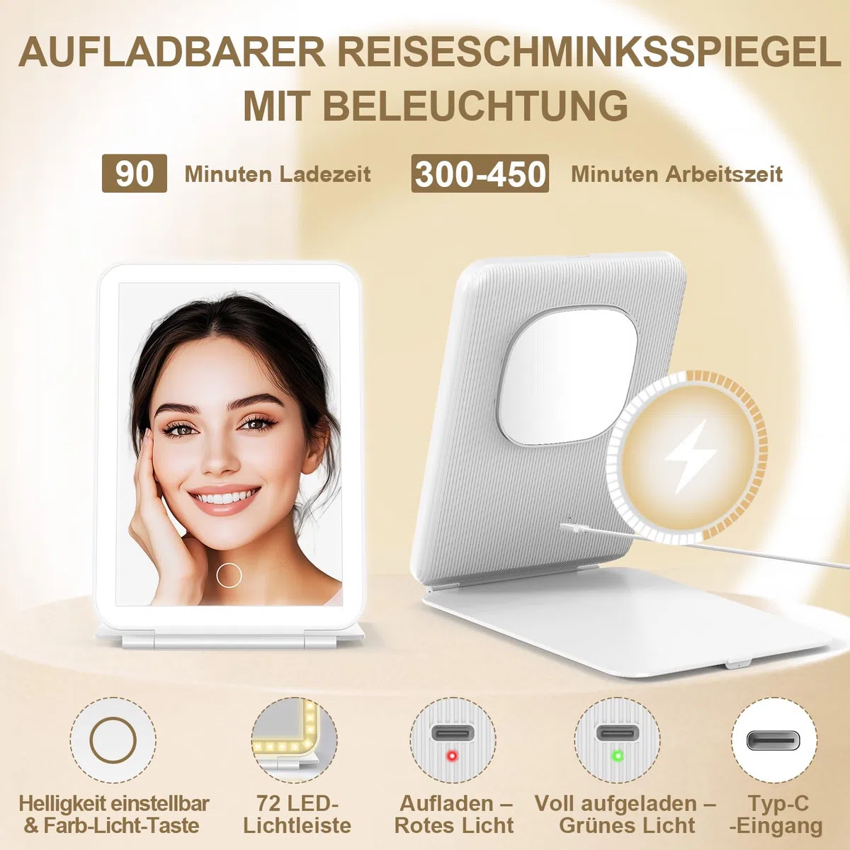 Mocado Reisespiegel mit Licht, Wiederaufladbarer Kosmetikspiegel mit Beleuchtung, 3 Lichtfarben & 72 LED Leuchten, 10-fach Mini Vergrößerungsspiegel, Tischspiegel für Zuhause Reise, Touchscreen - Weiß