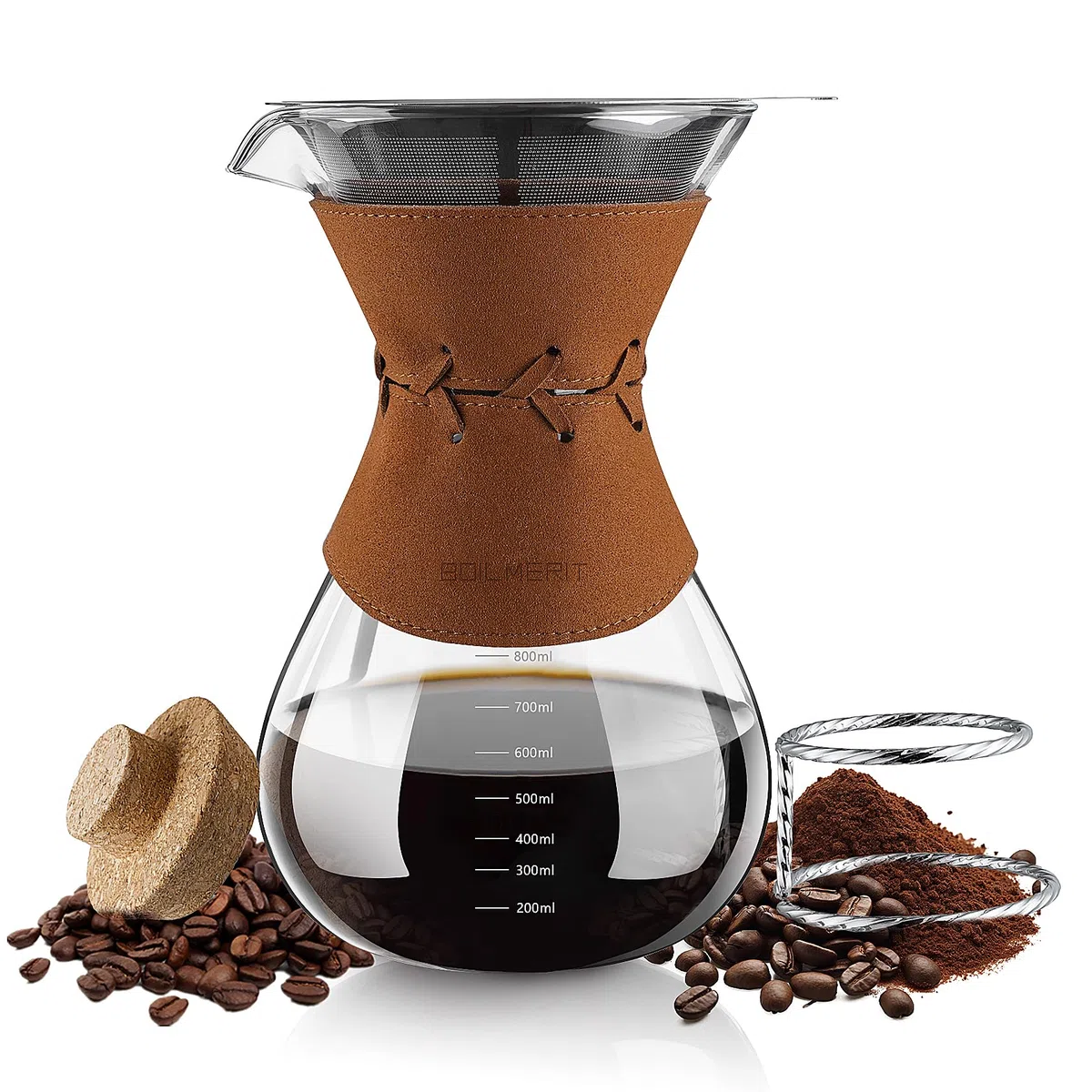 Kaffeebereiter mit Filter aus Edelstahl, 800ml Kaffeekanne für 5-6 Tassen Glas Pour Over Kaffeebrüher mit Filter Kaffee-Tropfer Brauer Kaffee