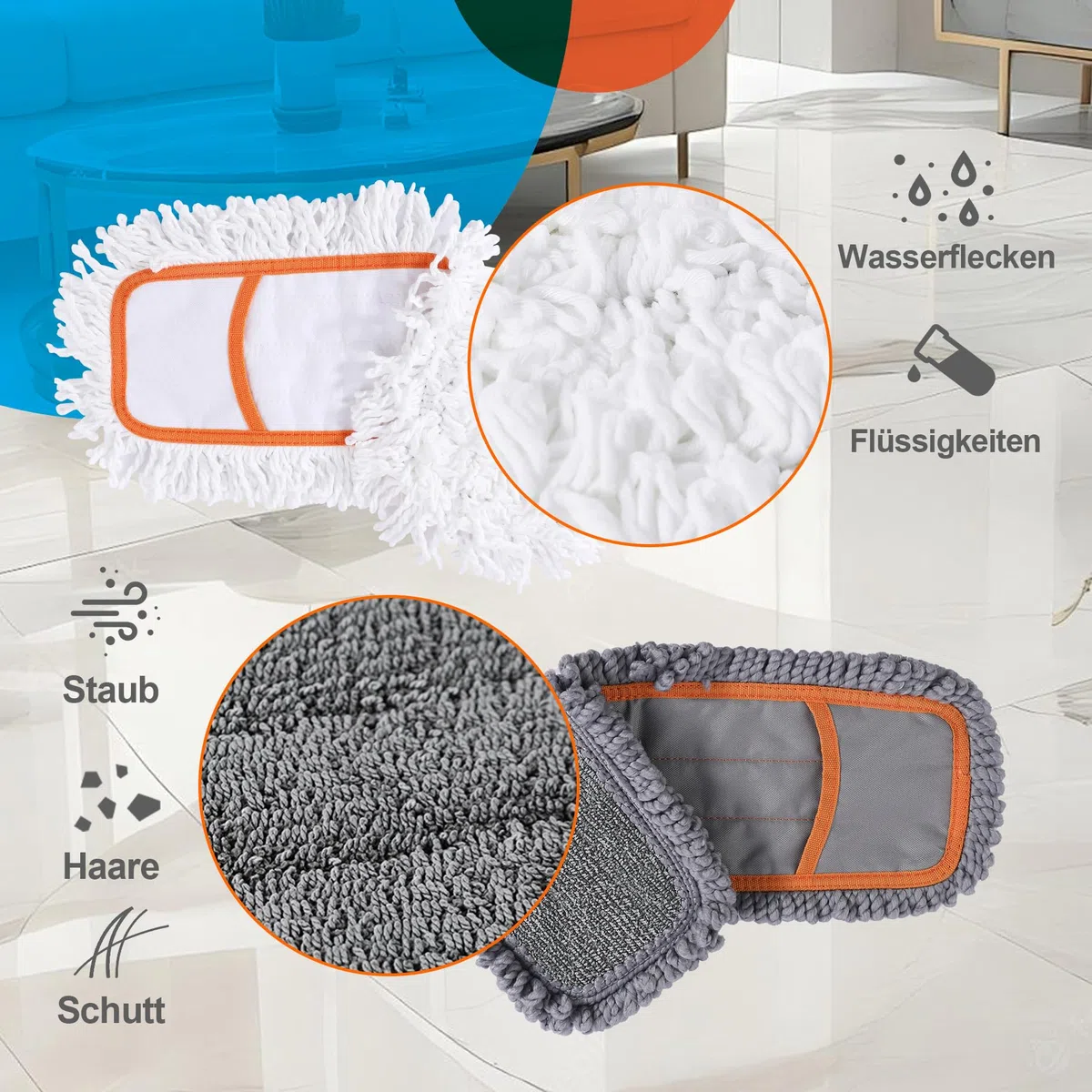 CLEANHOME Bodenwischer Set enthält 2 Dicke Strapazierfähige Ersatzkopf | Ein 141cm langer Teleskop-Wischmopp für die Bodenreinigung in Wohn-,Schlaf- und Küchenräumen sowie im Flur eignet