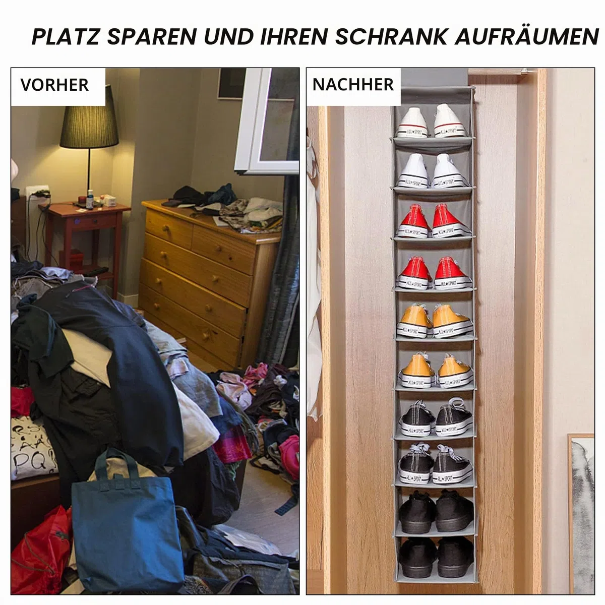 Schuhregal zum Aufhängen - 10 Ebenen - Aus robustem Vliesstoff - Faltbar und platzsparend - Für Zuhause, Schlafzimmer, Schrank (1)
