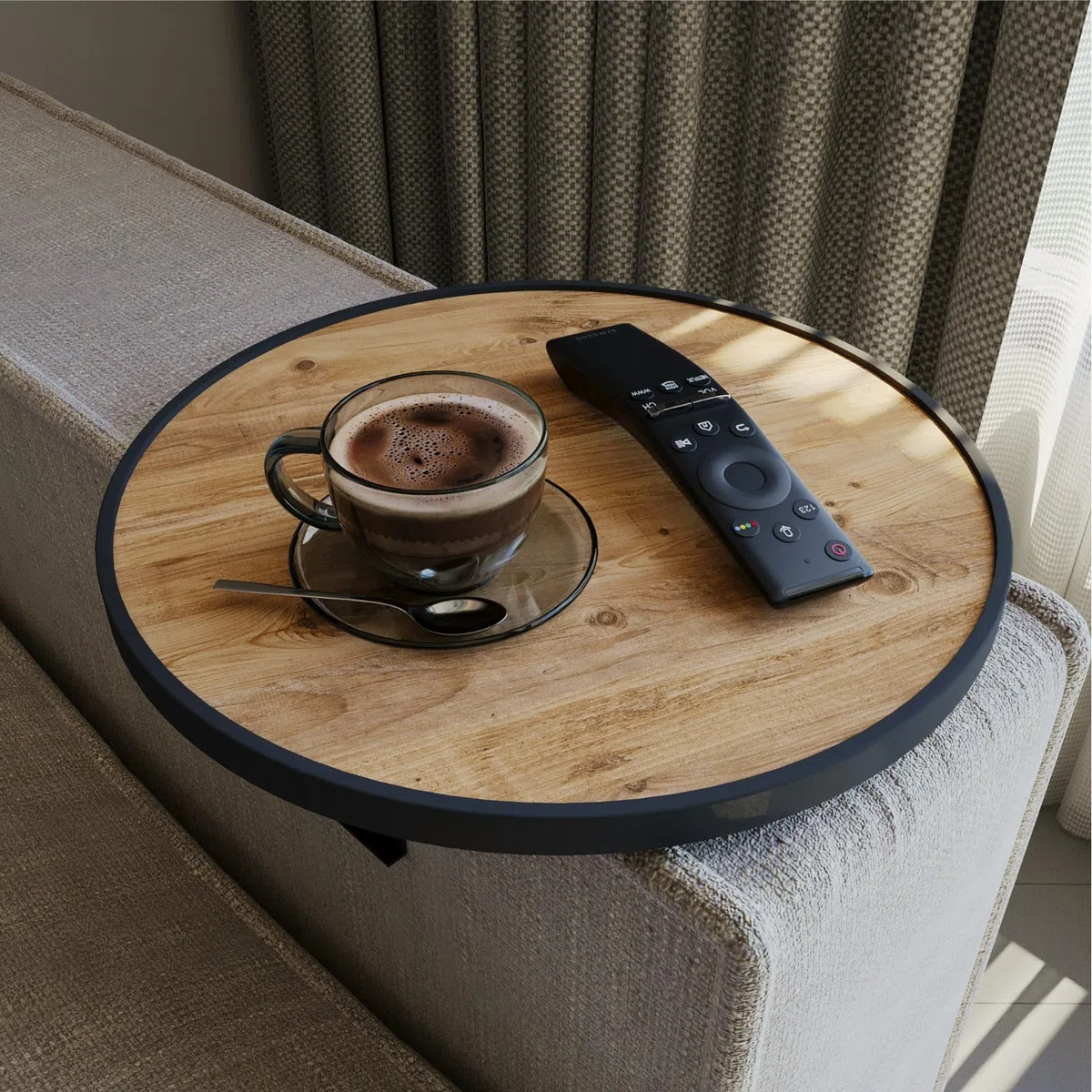 Sofatablett Armlehne, Couch-Tablett, Einstellbarer Sofa-Tablett, Getränkehalter, spezielles Design stoßfeste Umrandung, Sitzgarnitur Ablage, Durchmesser ⌀ 34 cm, Holz-Optik, Comfy