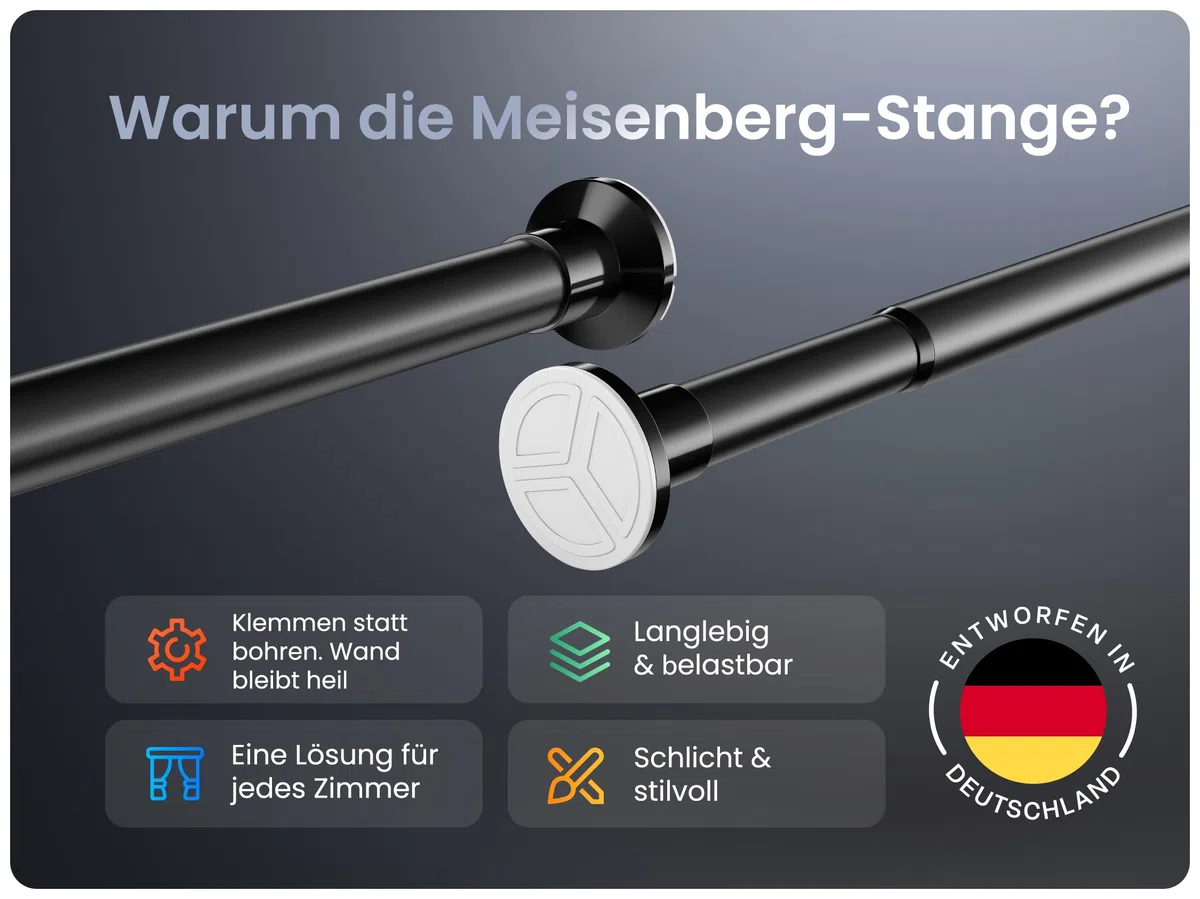 MEISENBERG Klemmstange für Gardinen - Matt Schwarz, Ø 25 mm - Gardinenstange ohne Bohren - Teleskopstange Vorhang - Duschstange zum Klemmen für Fenster, Dusche und Trennwand (70-120cm)