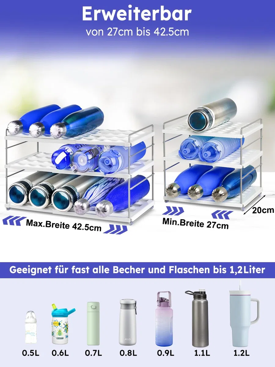 Ausziehbarer Flaschen Organizer 27-42 cm breit, 3 höhenverstellbare Ebenen mit rutschhemmender Wellenstruktur, für große 1,18-L-Becher, Kühlschrank, Küchenschrank, Arbeitsplatte und Büro