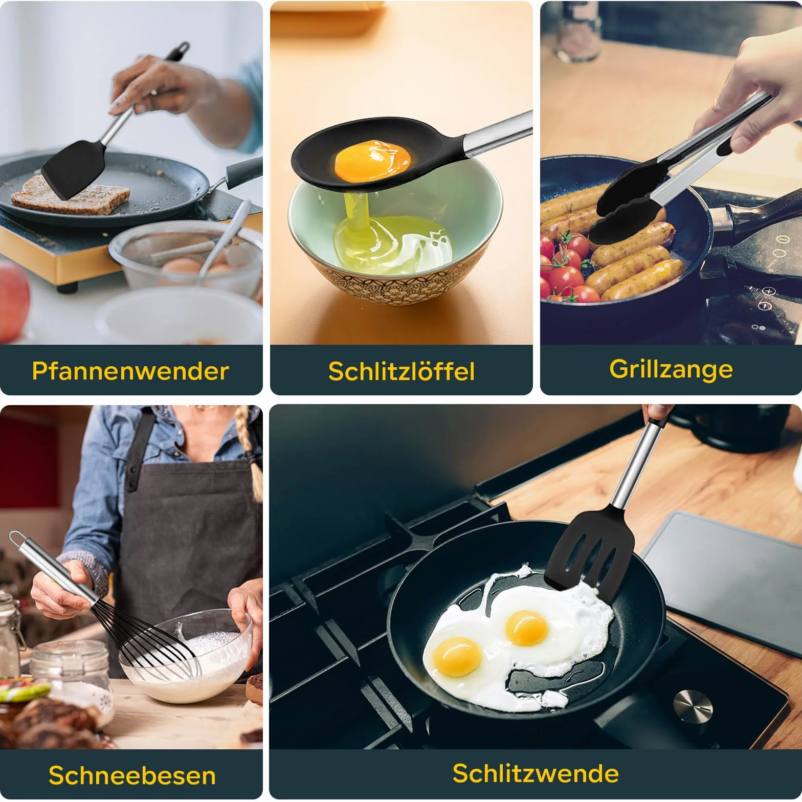Küchenhelfer Set, Homikit 10 Stück Silikon Küchenutensilien Kochbesteck Set mit Edelstahlgriff, Antihaft Hitzebeständiger Schwarz Kochutensilien Set, Gesund, Spülmaschinenfest