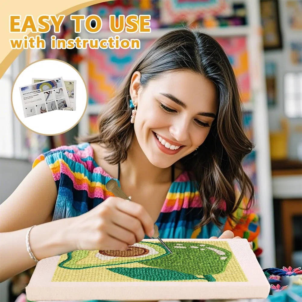 DOODLREAM Avocado DIY Punch Needle Stickset Für Erwachsene Anfänger 24cm Avocado Fruchtpunsch Stickset Für Anfänger Mit Rahmen Stoffmuster Einfädler Garn Quetschnadel