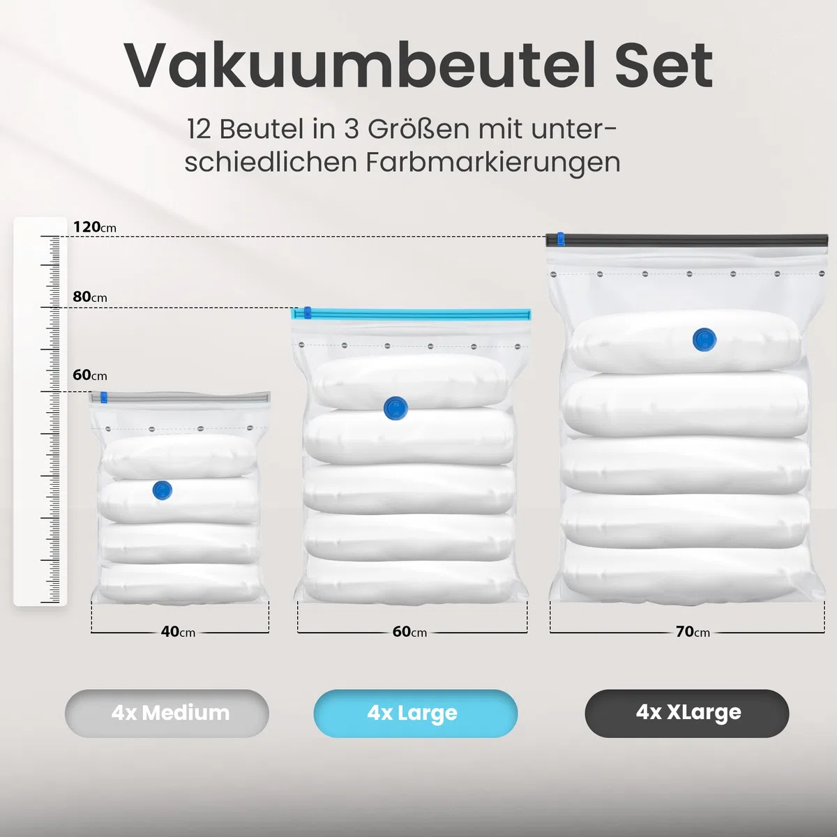 Vakuumbeutel Kleidung 12er Set 3 Größen - Vakuum Beutel für Staubsauger Wiederverwendbar 100% Dicht & Robust | Reise Kompressionsbeutel Kleiderbeutel Aufbewahrungsbeutel Vakuumtüten Kleidersack XL