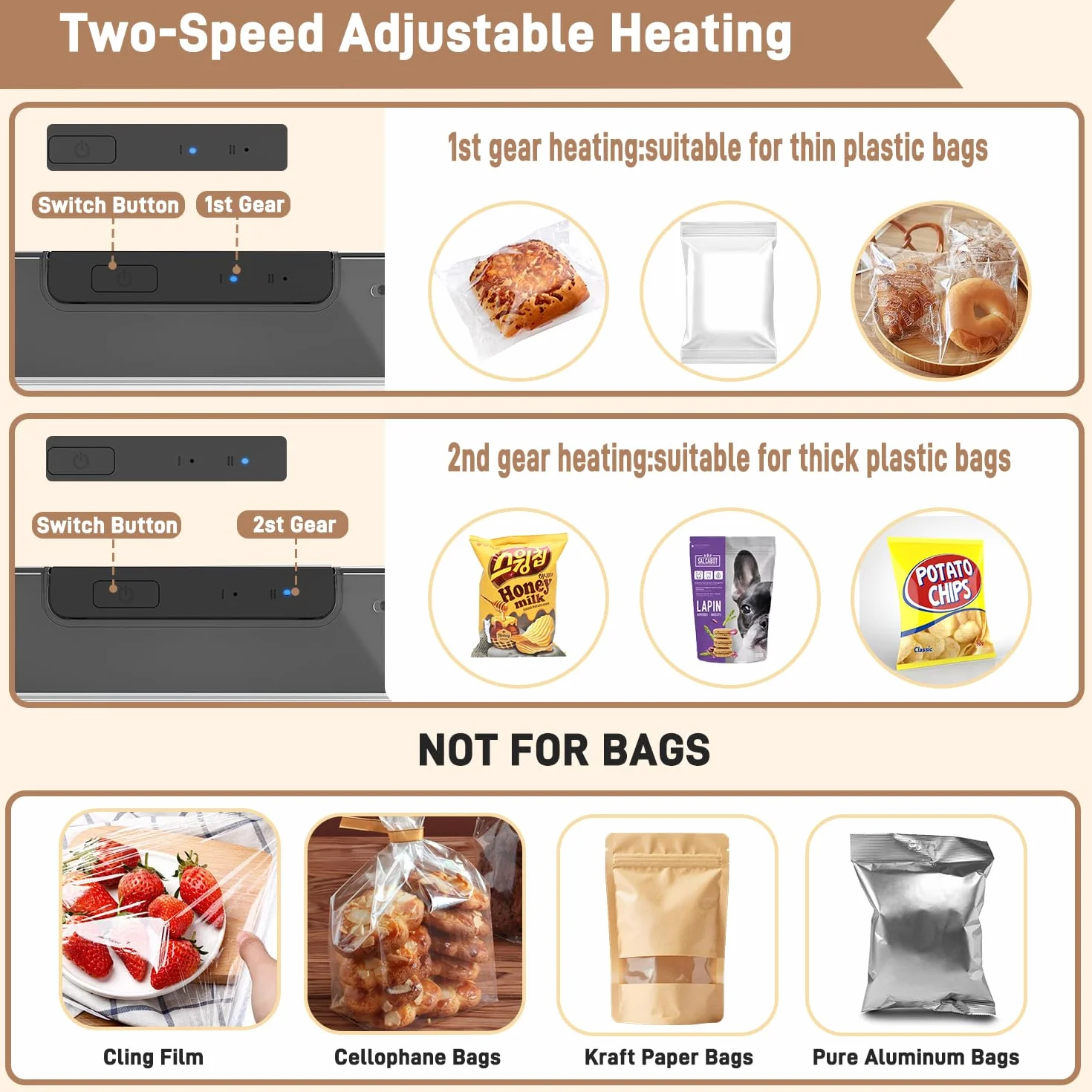 Mini Folienschweißgerät, Bag Sealer 2-in-1 mit Cutter, Magnetfuß & 2-Stufen Siegelung - Wiederaufladbar (Sicher mit Auto-Off) - Für Plastiktüten, Beutel & Snacks - Schwarz