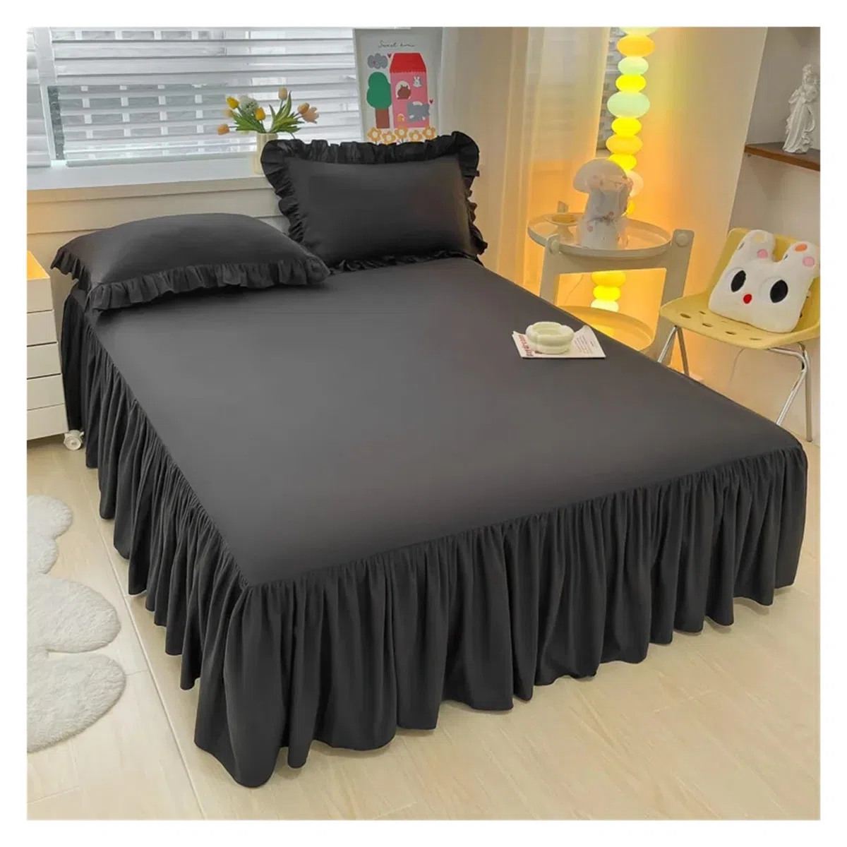 Bettrock Rüschen Eleganter Prinzessinnen-Bettrock, Rutschfester Matratzenbezug, gekräuselte Spitze, Bettlaken, Bettdecke, Schutz for Zuhause, Tagesdecke, Bettrock(Black,1 pc Skirt 140x200cm)