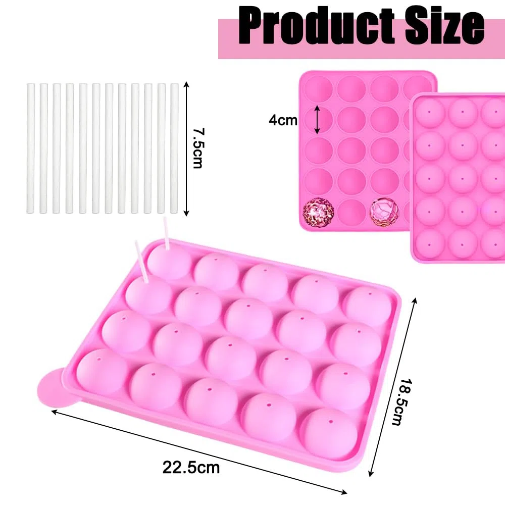 Cake Pop Silikonform mit 20 Runden + 100 Stäbchen | Backform für Schokolade, Gelee & Cupcakes | Spülmaschinenfest & Antihaft