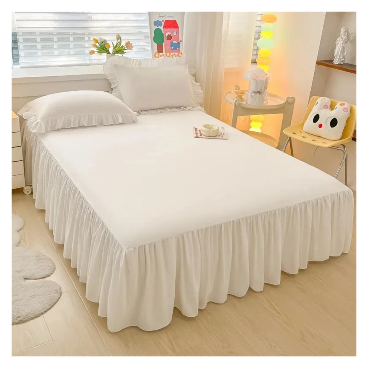 Bettrock Rüschen Eleganter Prinzessinnen-Bettrock, Rutschfester Matratzenbezug, gekräuselte Spitze, Bettlaken, Bettdecke, Schutz for Zuhause, Tagesdecke, Bettrock(White,1 pc Skirt 180x200cm)