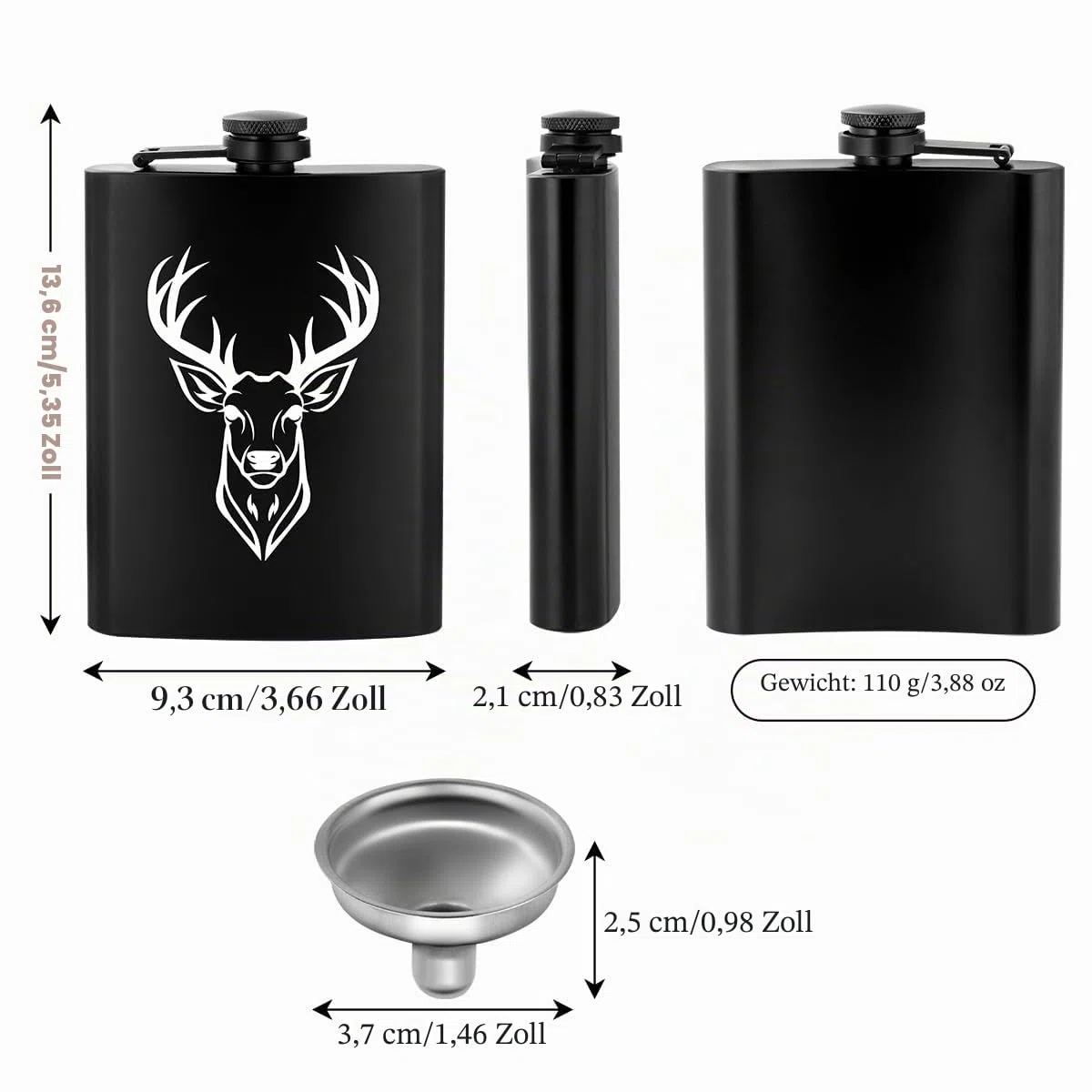 8oz/237ml Edelstahl Flachmann, Taschenflasche, mit Trichter und Grußkarte, Geschenkbox, Weißer Hirschkopf Muster, Geschenk für Outdoor Flachmann, Perfekt für Camping, Wandern und Outdoor Aktivitäten