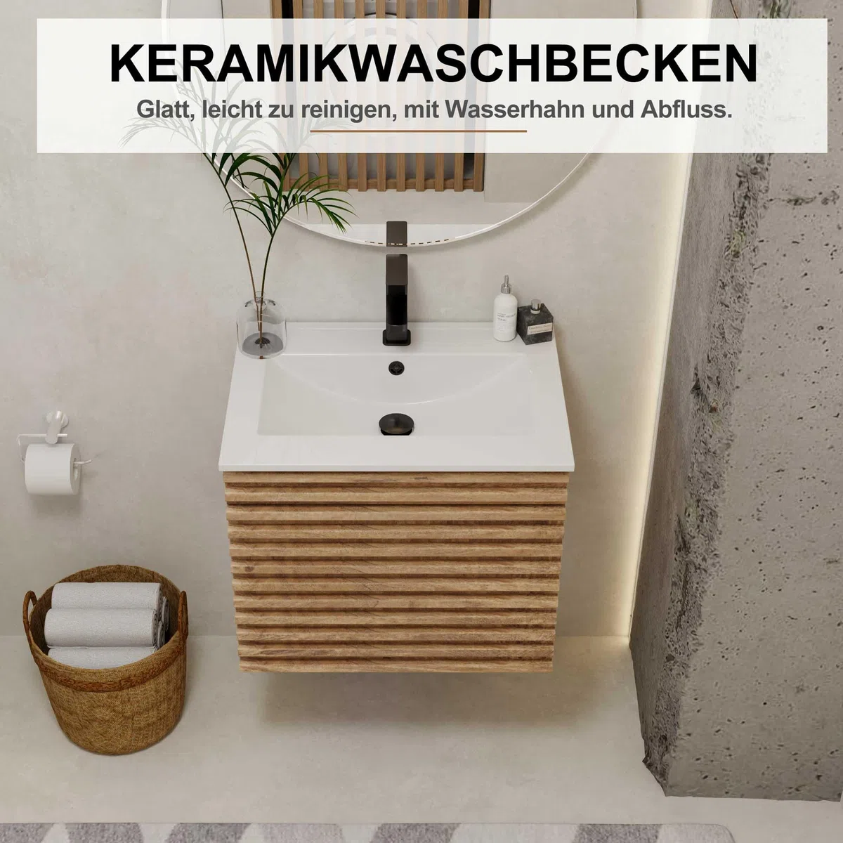 UEV Waschtisch mit Unterschrank, Waschbeckenunterschrank 60cm hängend, Schubladen mit Soft-close-System, Waschplatz, Wandwaschbecken, Badezimmmer Möbel für Gäste WC, Badmöbel Set für Badezimmer, Natur