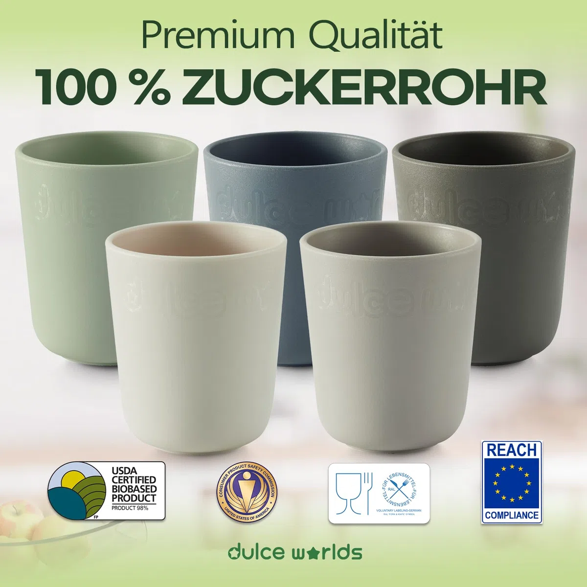 BIO ZUCKERROHR Kleinkindbecher 300 ml, 5 Stück - LFGB & USDA Zertifizierter Kinderbecher - BPA Frei - Spülmaschinenfest, Wiederverwendbar, Unzerbrechlich – Graublau