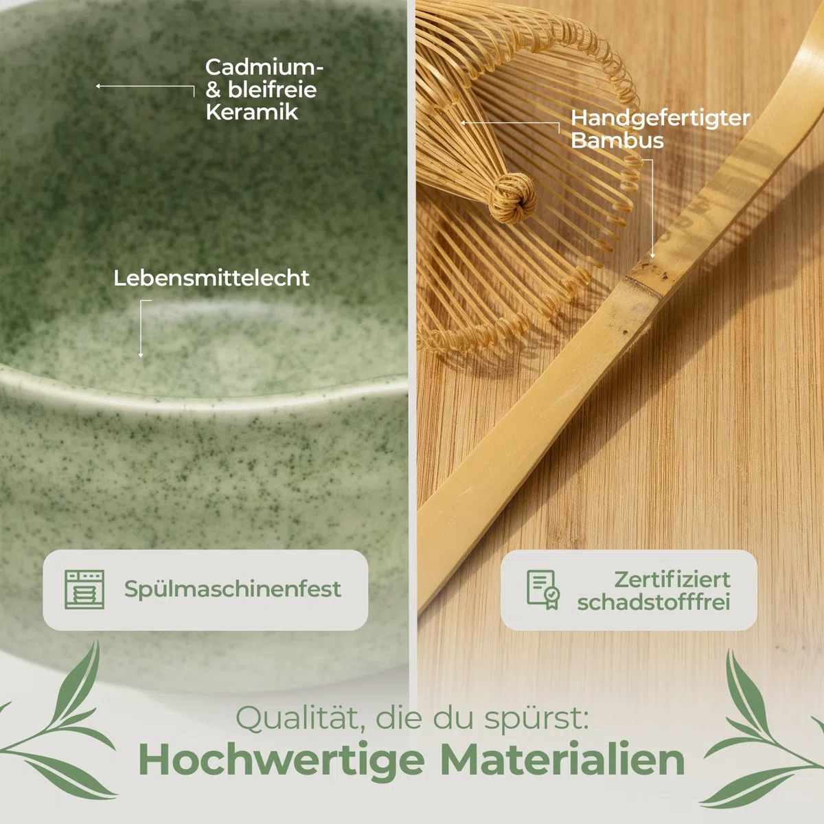 comforder Matcha Set mit Besen – Komplett mit Matchaschale mit Ausgießer, Chasen, Halter, Löffel und Edelstahlsieb, 500 ml Schale in Geschenkdose, 5-teilig, Grün