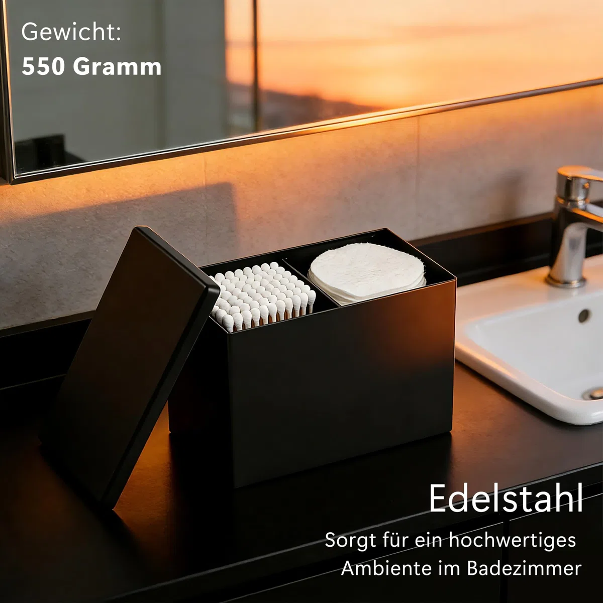 Wattestäbchen Behälter aus Edelstahl - Badezimmer Organizer für makeup, Kosmetik, Pinsel etc. - Aufbewahrungsbox mit Deckel - Schwarz matt - Wattepadspender - Wattepads aufbewahrung