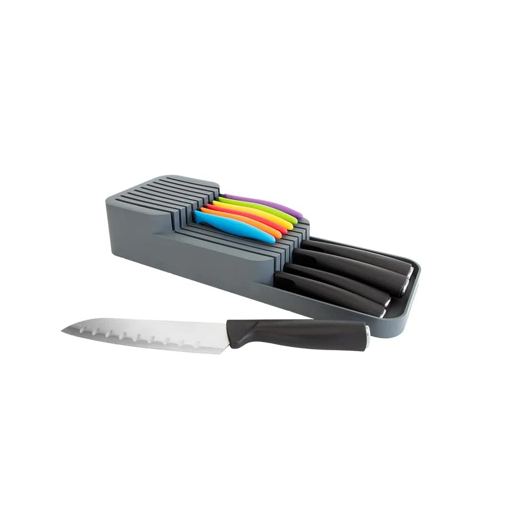 Messerorganizer für 18 Messer – zweistufiger Messerblock für Küchenschublade oder freistehend, rutschfest, platzsparend, dunkelgrau (39 x 14 cm)