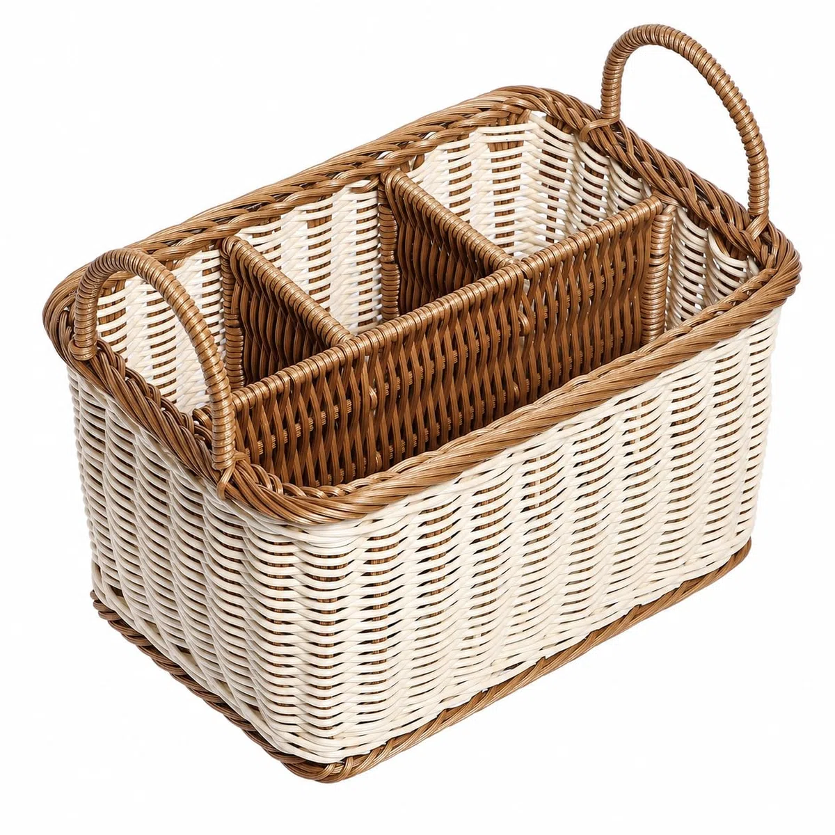 Besteckhalter aus Rattan, Besteckkorb Geflochten für Tisch, Tischbutler für Besteck und Utensilien mit Griffen und 4 Fächern, Waschbarer Besteckorganizer für Küche, Esszimmer, Garten oder Picknick