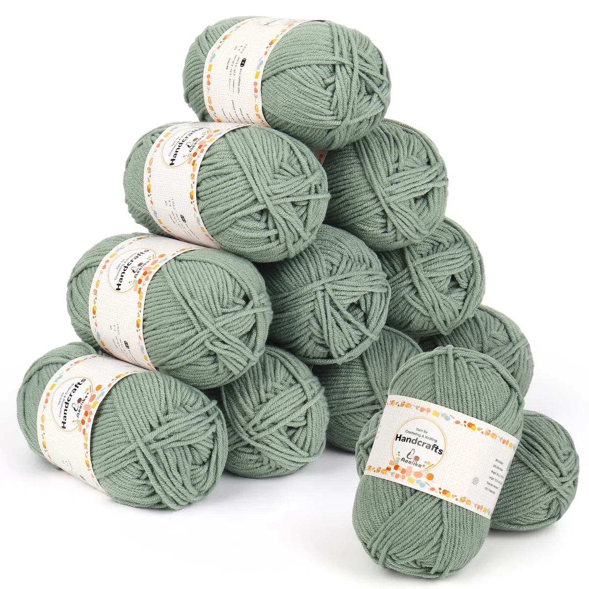 Aeelike 600g(12x50g) Acrylgarn Wolle zum Stricken, 5Ply Häkelwolle Baumwolle zum Häkeln, Cotton Yarn Strickwolle Set für Anfänger, Erfahrene Häkeler, Elegantes Grün
