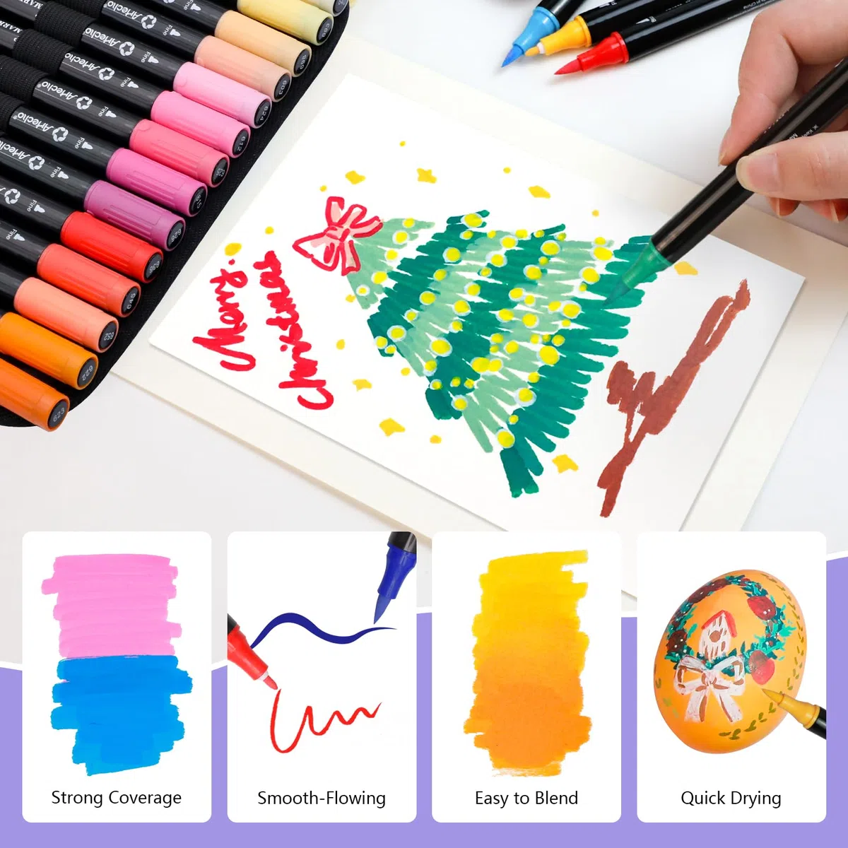 Artecho Acrylstifte 48 Farben mit Stoffbeutel, 0.5-5mm Wasserfester Dual Tip Marker (Pinsel und feine Spitze), mit doppelten Enden für Rock Painting, Glas, Papier, Ei, Leinwand, Keramik, DIY Crafts