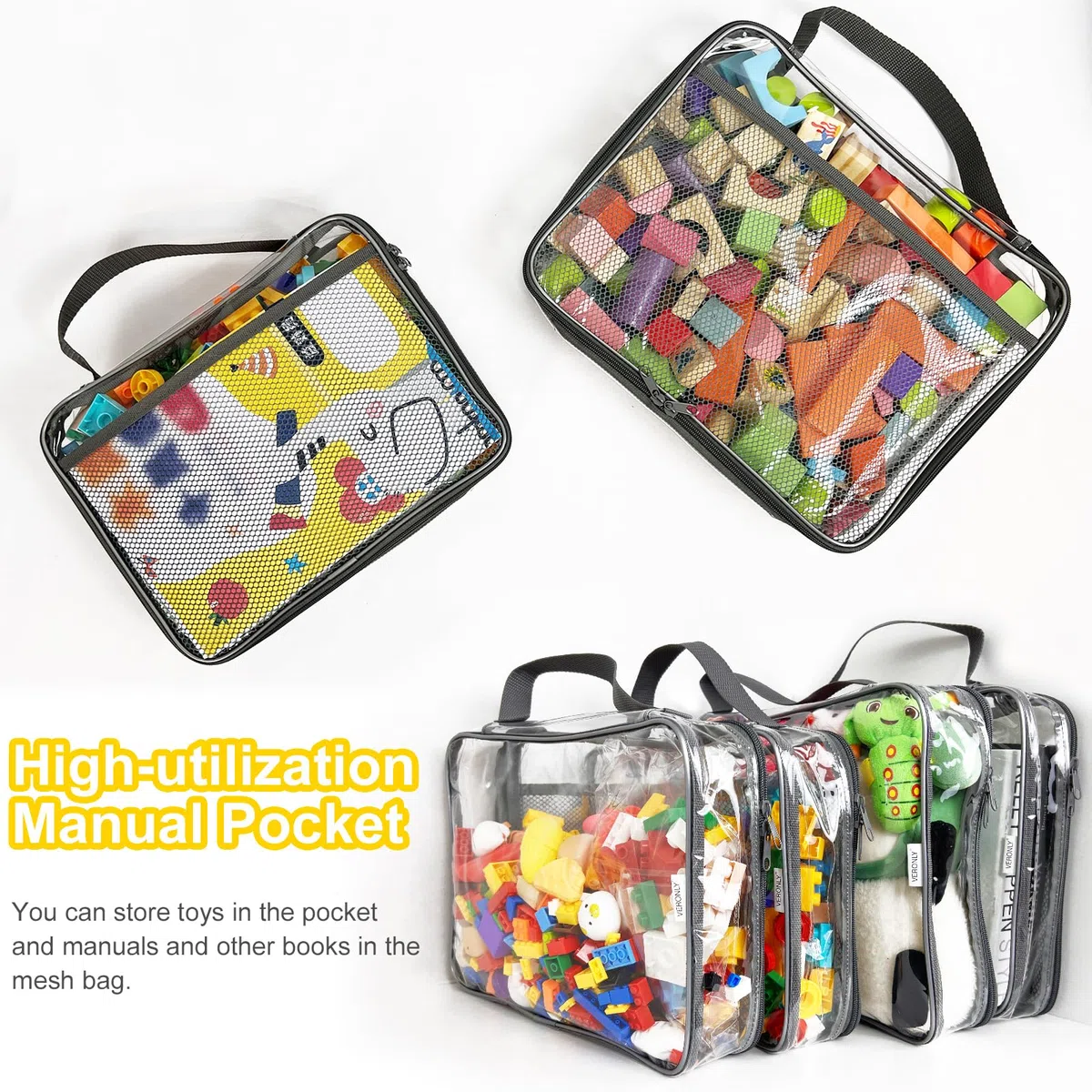 4er PVC Aufbewahrungstaschen für Spielzeug Toilettentaschen mit Reißverschluss Netzseitentaschen für Badespielzeug Puzzle,Bausteine(9x3x11.8inch)