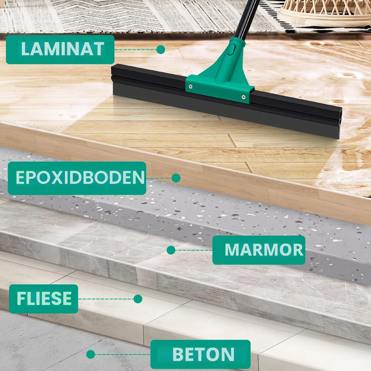 JEHONN Wasserschieber Bodenabzieher Abzieher Dusche Boden mit Teleskopisc Stiel 148 cm, Wasserabzieher Gummiabzieher Flitsche für Garage Beton Bad Fliesen Marmor Glas Shop Deck Fenster (Grün)