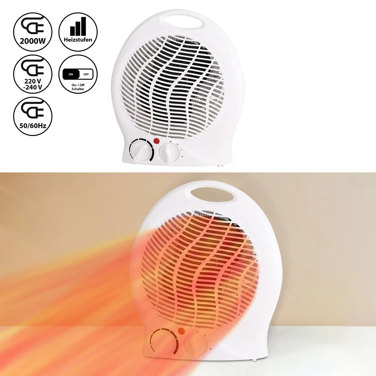 Heizlüfter mit 3 Heizstufen | kompaktes Heizgebläse | starkes Gebläse 2000W | mit Überhitzungsschutz und Kippschutz (Heizlüfter weiß 1000/2000 Watt)