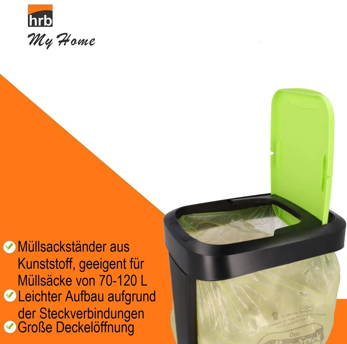 HRB Gelber Sack Ständer mit Schwingdeckel, stabiler Mülleimer Küche für Müllbeutel 70-120L, ideal als Pfandflaschen Sammelbehälter, hochwertiger Müllsackständer für Haushalt und Gewerbe