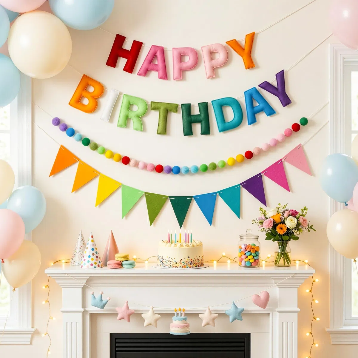 OLANRUN Geburtstagsdeko, Mit Happy Birthday Felt Girlande Sign, Wimpelkette Geburtstag, Pompon Girlande, Wiederverwendbares Regenbogen Happy Birthday Party Deko Banner Für Mädchen Junge Frauen Mann