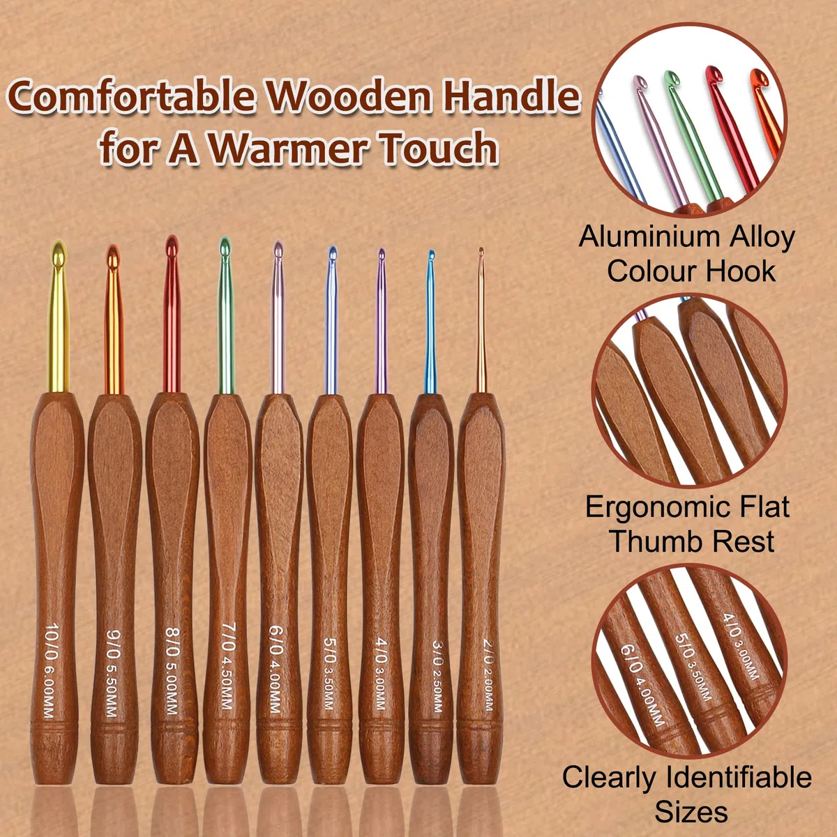 Aeelike Holzgriff Häkelnadel Set, 9 Stück Ergonomische Häkelnadeln mit Schön Tasche für Arthritische Hände, 2,0-6,0 mm Leichte Starter Häkelnadeln mit Bunte Aluminium-Hakenkopf für Anfänger, Profis