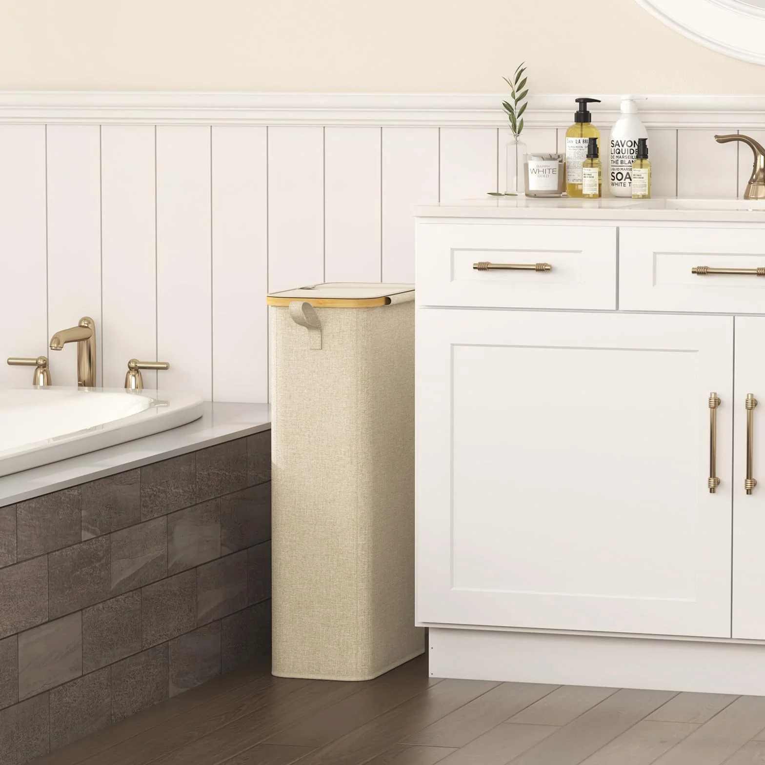Lifewit 70L Wäschekorb Schmal mit Deckel, Faltbarer Wäschesammler Schmal mit Wäschesack, Laundry Basket Wäscheboxen aus Bambus mit Tragegriff für Apartment, Wohnheim und Wohnwagen, Beige