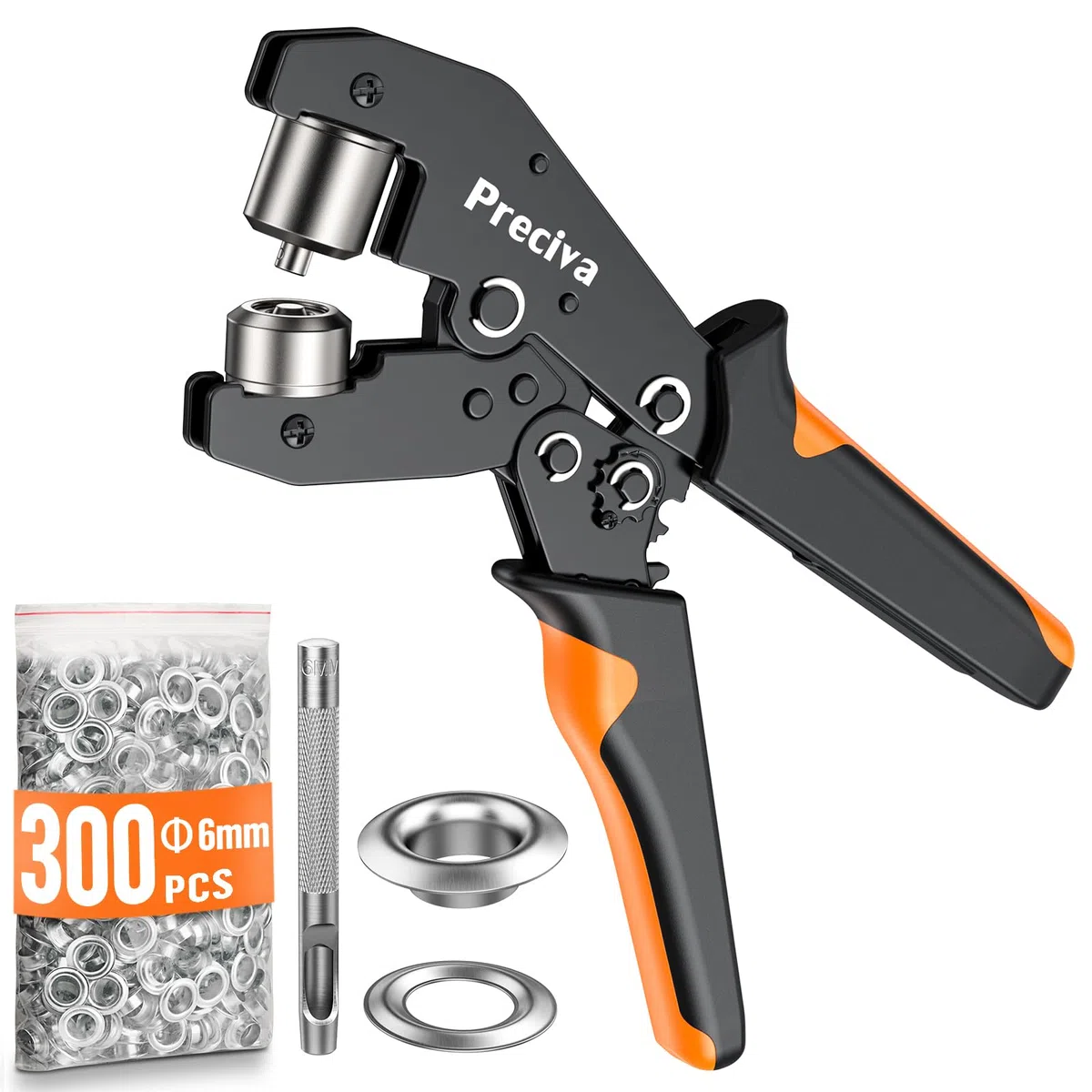 Ösenzange Set, Preciva Ösenzange mit Hebeltechnik zum Kräftesparen Ösenpresse mit 300 Ø6mm Ösen aus gehärtetem Stahl für PVC-Banner, Planen, Karton, Pappe