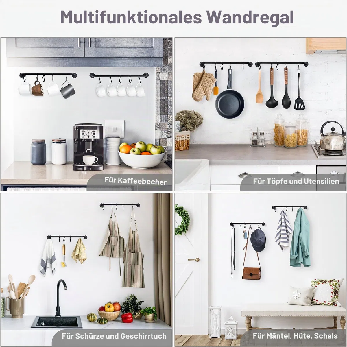 Mkono Becherhalter, Wandmontage, Kaffeetassenregal, Aufhänger, modernes Metall-Wandregal mit 10 Tassenhaken, rustikale Utensilien, Teetassen, Aufbewahrungs-Organizer für Küche, Esszimmer, Café, Bar