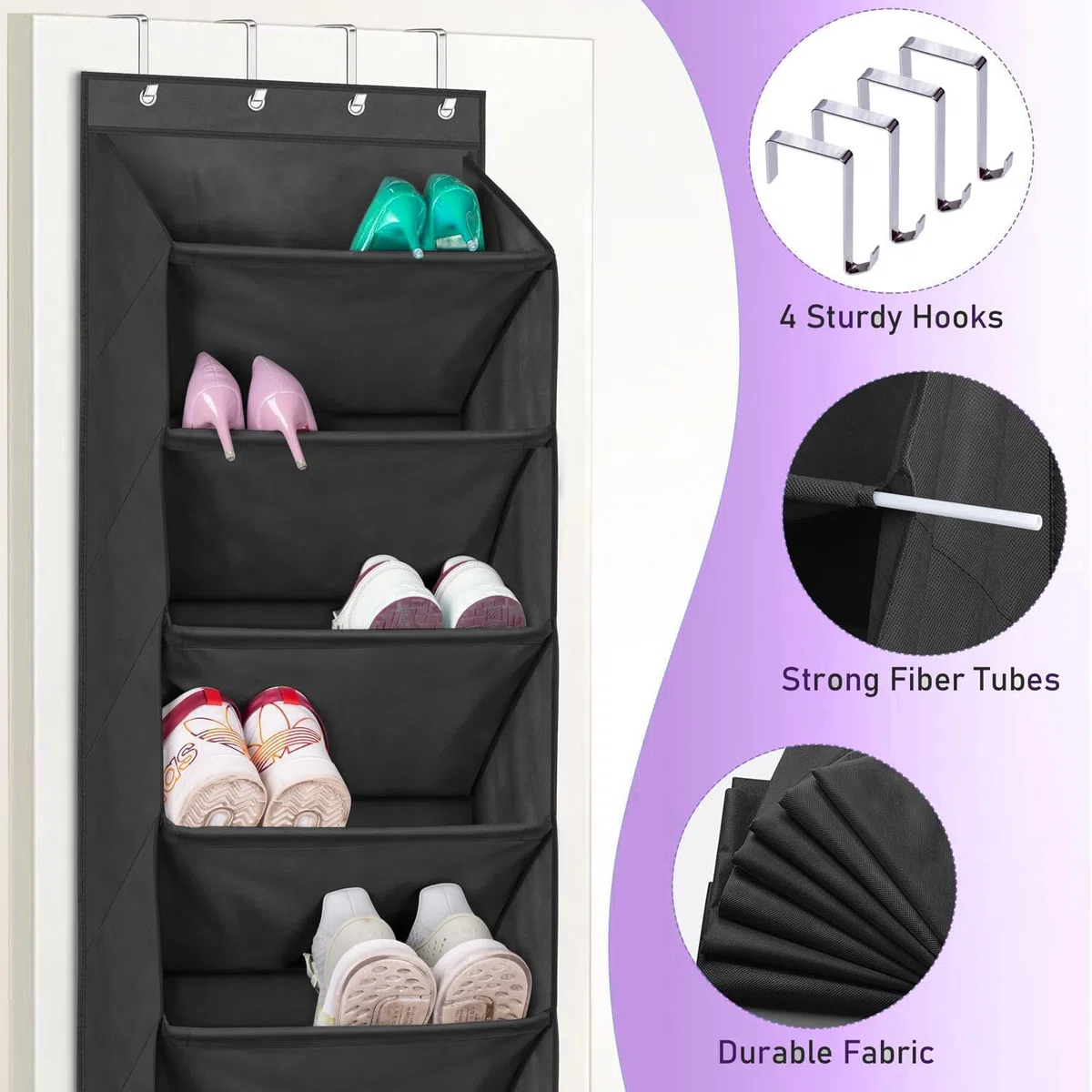 MISSLO Schuh-Organizer über der Tür Schmal hängende Schuhaufbewahrung mit 8 tiefen Taschen Passt 20-Paar Schuh Regal, Kleiderschrank Schuhhalter für Türorganizer, Schwarz