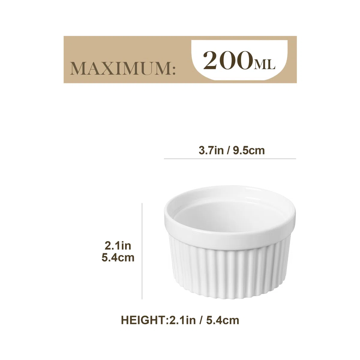MALACASA, Serie Ramekin, Creme Brulee Schälchen 6er Set, 200ml Souffle Förmchen zum Backen, Souffleeförmchen Backofenfest, Ofenfeste Creme Brulee Schalen, Mini Auflaufform 9,4x5,1cm Weiß