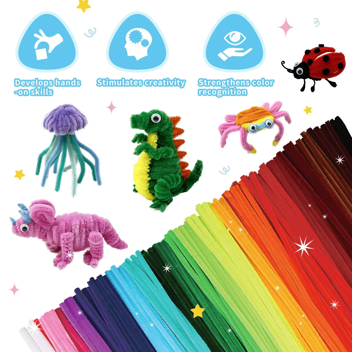 1200 Stück Pfeifenputzer zum Basteln, 24 Farben Chenille-Stiele, Pipe Cleaner für Erwachsene & Anfänger, Raumdeko, kreative Schulprojekte, Partydeko, Weihnachtsbasteleien (30.5cm X 6mm)