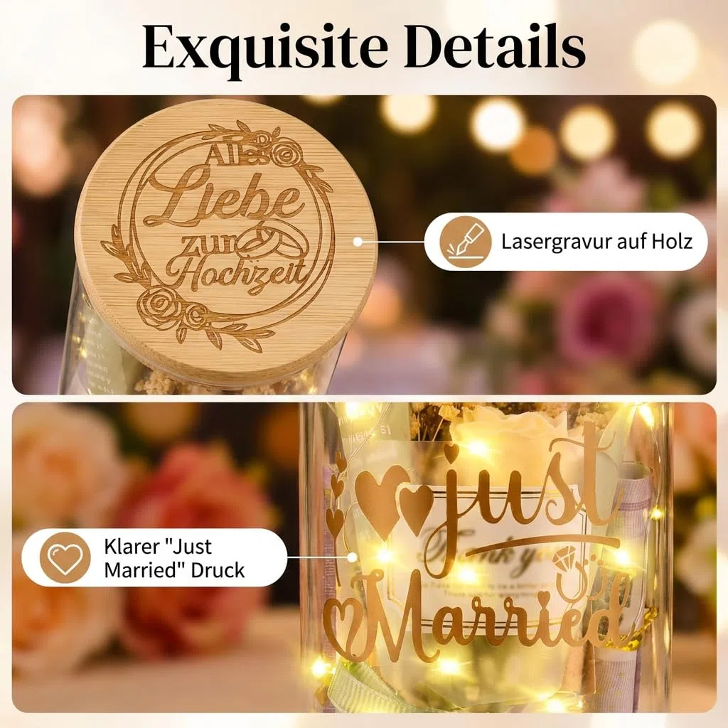 Hochzeitsgeschenke für Brautpaar, Alles Liebe zur Hochzeit, LED Flaschenlicht, Hochzeitsgeschenk Geld mit Trockenblumen, Anhänger und LED-Leuchten, Geldgeschenke Hochzeit Verpackung, Just Married