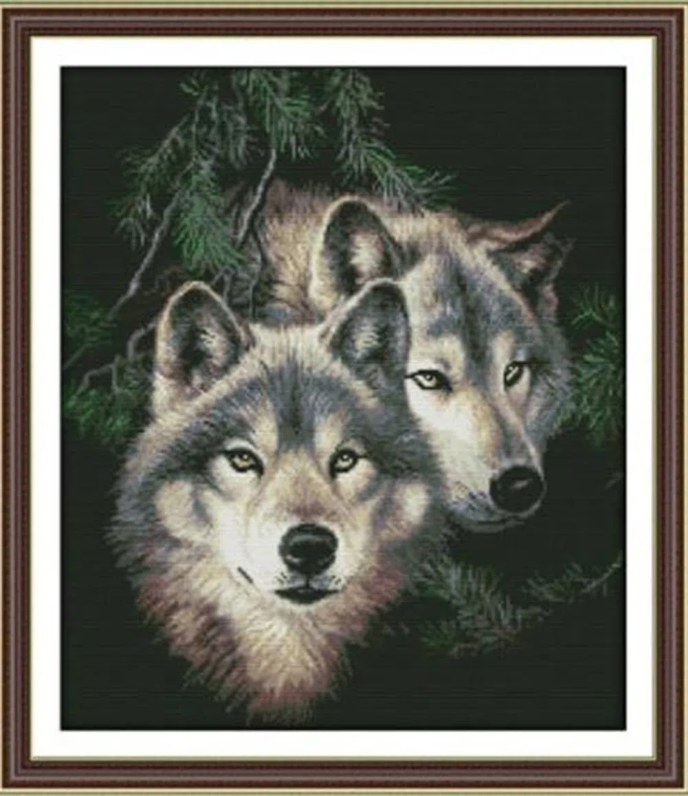 ABEUTY 14ct Kreuzstich Set Vorgedruckt, Wolf zwei Wölfe Kreuzstich Stickpackungen Kreuzstich Stickpackungen DIY Stickerei Set Gestempelt Erwachsene Anfänger