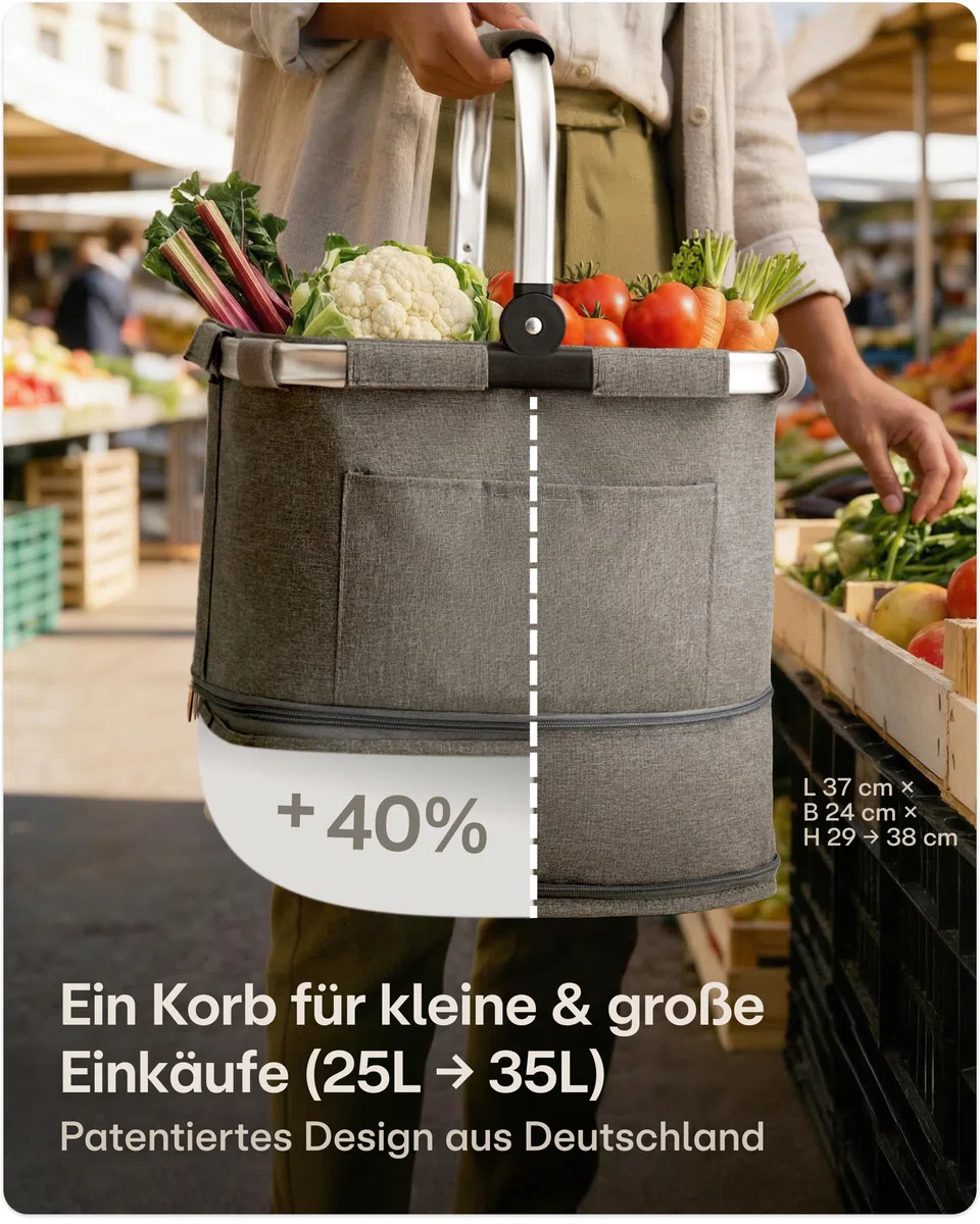Praknu Einkaufskorb Faltbar Groß – 2 in 1 Erweiterbar 25L auf 35L – Abnehmbarer & Waschbarer Bezug – Stabil mit Alurahmen & Verstärktem Boden – Extra Fächer Innen & Außen – Tragekorb – Grau