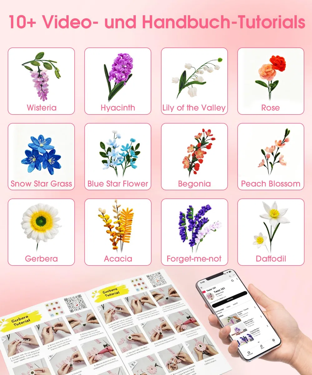 550 Stück Pfeifenreiniger Blumen Set, 9 Farben Pfeifenputzer zum Basteln mit Schleifenband, Klebeband, Staubblätter, Blumendraht, Blumenpapier, Anleitung & Video-Tutorial für Kreative DIY