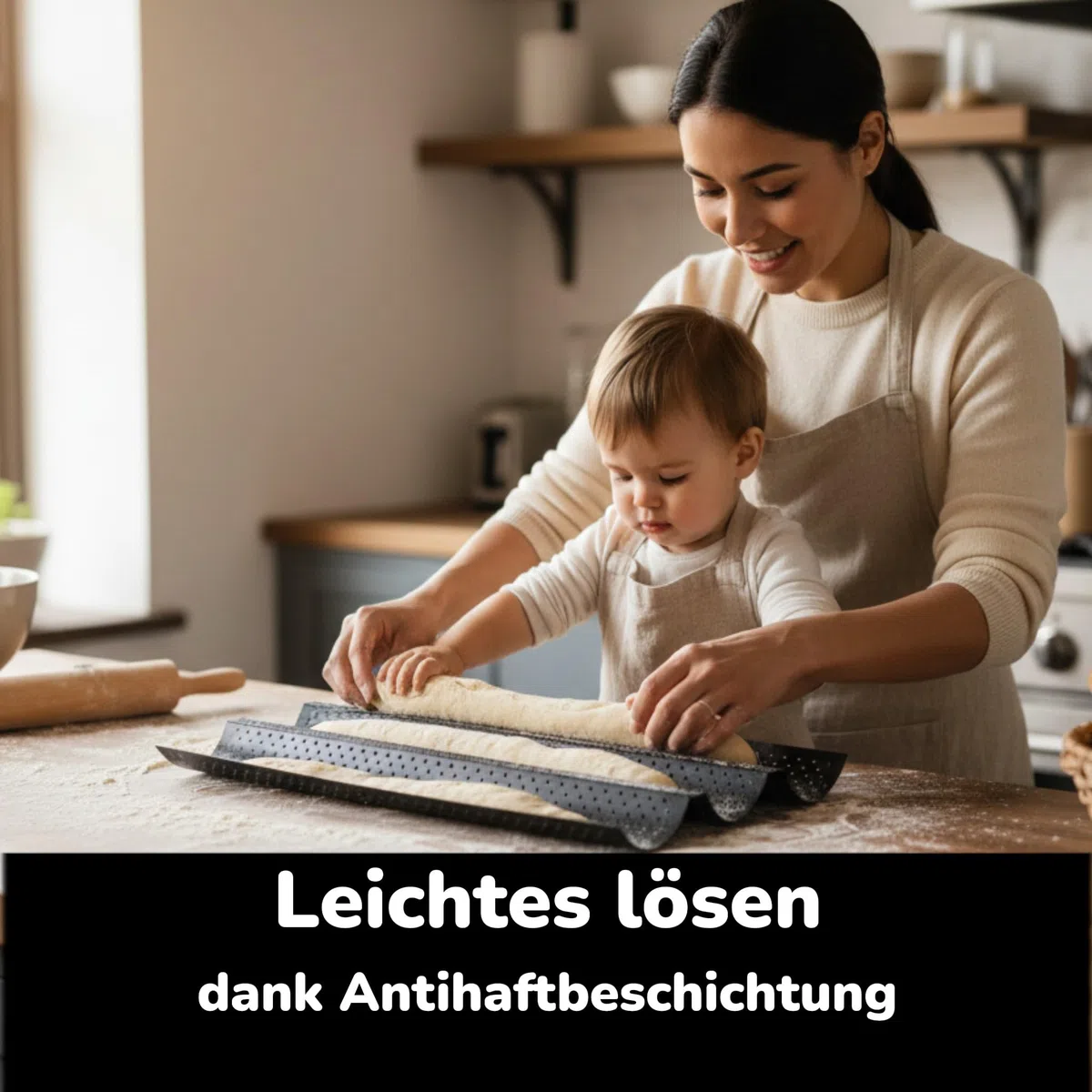 Meinposten. Baguetteform Blech für 3 Baguettes Antihaftbeschichtet Baguetteblech, Schwarz, 38 x 24 cm, Karbonstahl, Baguette, belegte Croques-Hälften, klassisch antihaft