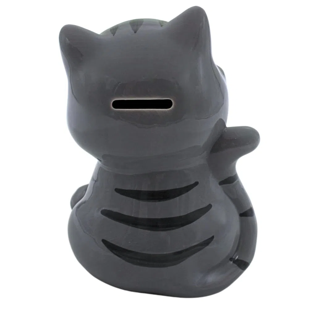 Spardose Katze, Katzenspardose, Kindersparbüchse Katze, Sparschwein Katze, Sparfigur, Kinderspardose, Spartier, Sparkatze, Dekokatze mit Sparfunktion aus Keramik in grau, L/B/H 10 x 12 x 16 cm.