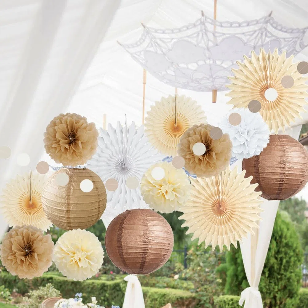 Party Deko Beige Braun Weiß Pompons Beige Creme Neutral Party Deko Boho für Vintage Babyparty Deko Beige Geburtstagsdeko Hochzeitsdeko