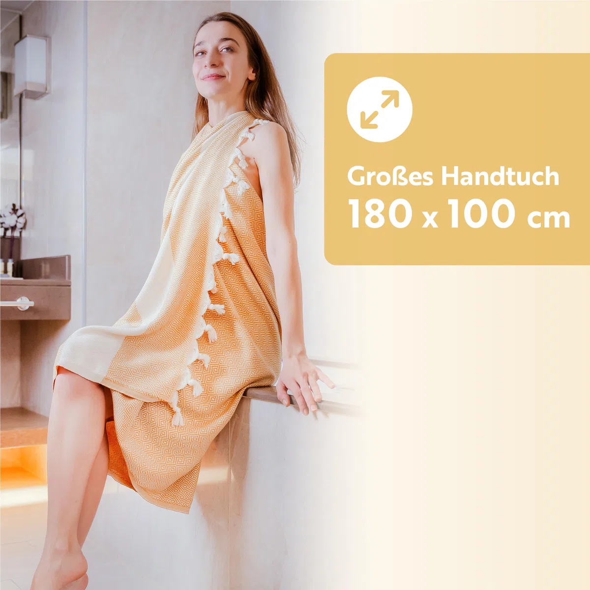2er Pack - Hamamtuch groß 100x180 aus 100% Baumwolle – Strandtuch, Saunatuch, Badetuch, Saunahandtuch - Saugstark & leicht - Saunatuch Damen & Herren für Strand, Sauna, Bad - Gold