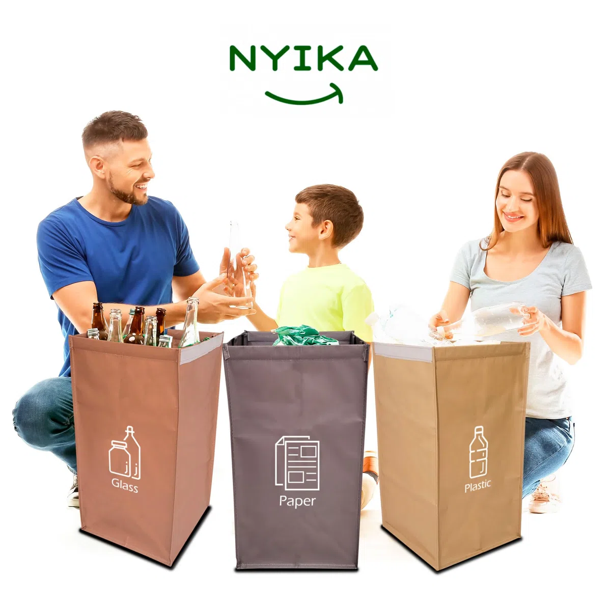 NYIKA Recycling System - Altglas Sammelbehälter - Pfandflaschen Aufbewahrung - Leergut Sammelbehälter - Mülltrennsystem 3fach - Mülltrennsystem - Altpapier Sammler (leicht mediterran)