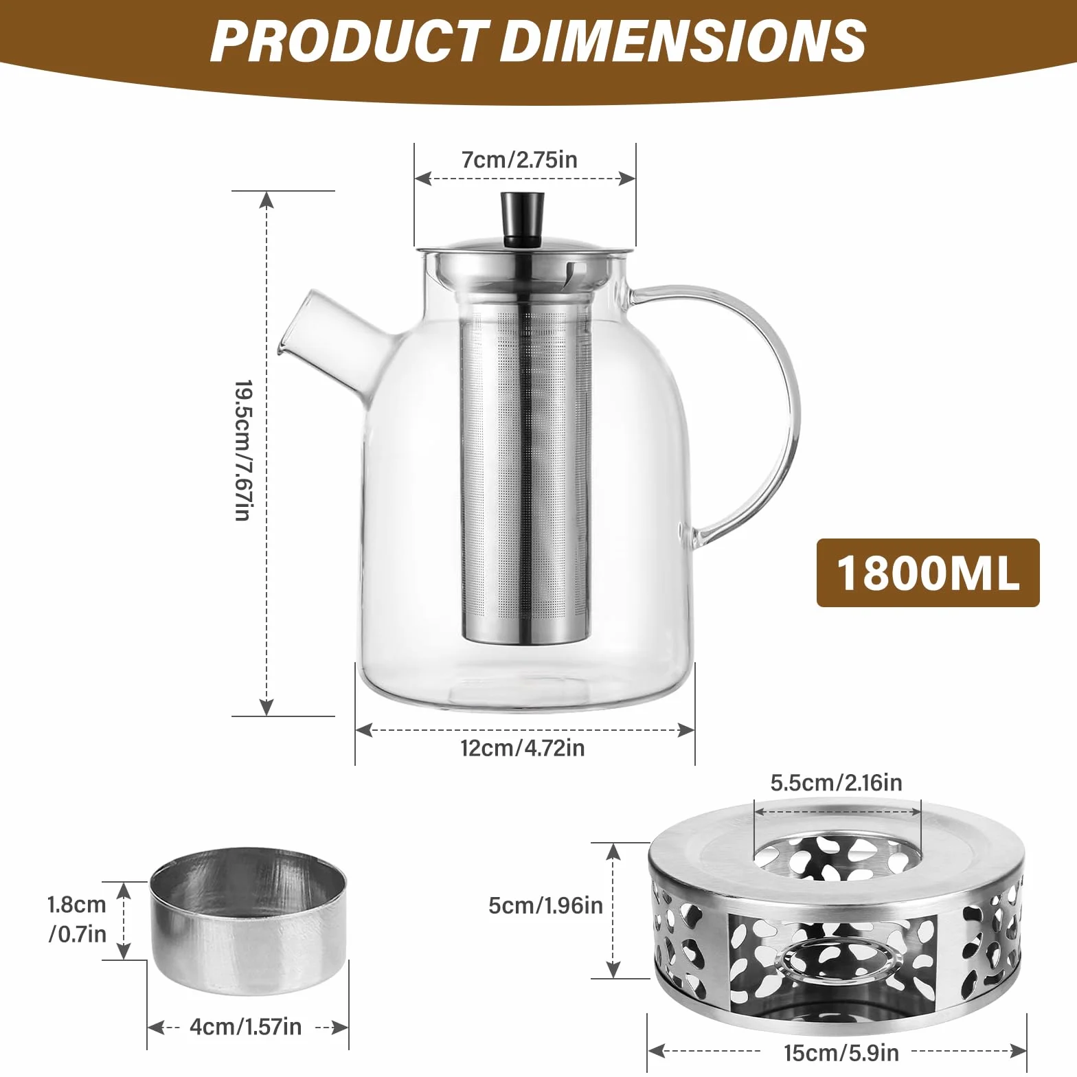 1,8 L Teekanne Glas Mit Stövchen, Teekanne Glas Mit Siebeinsatz, Teekanne Mit Sieb, Borosilikatglas Teapot Teapot, Glasteebereiter Mit Abnehmbarem Siebeinsatz