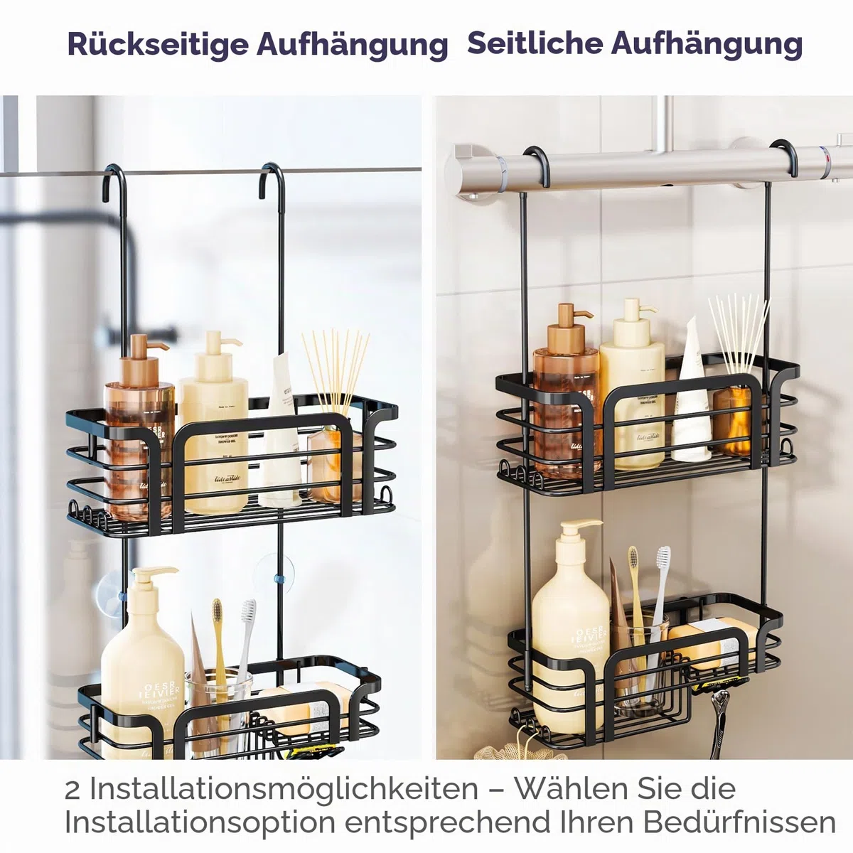 SWTYMIKI Duschablage zum Hängen - Für Mieter und Badezimmer, Kein Bohren | 304 Edelstahl Duschregal zum Hängen, Seifenhalter, 11 Haken, für Shampoo, Conditioner, Toilettenartikel, Razor