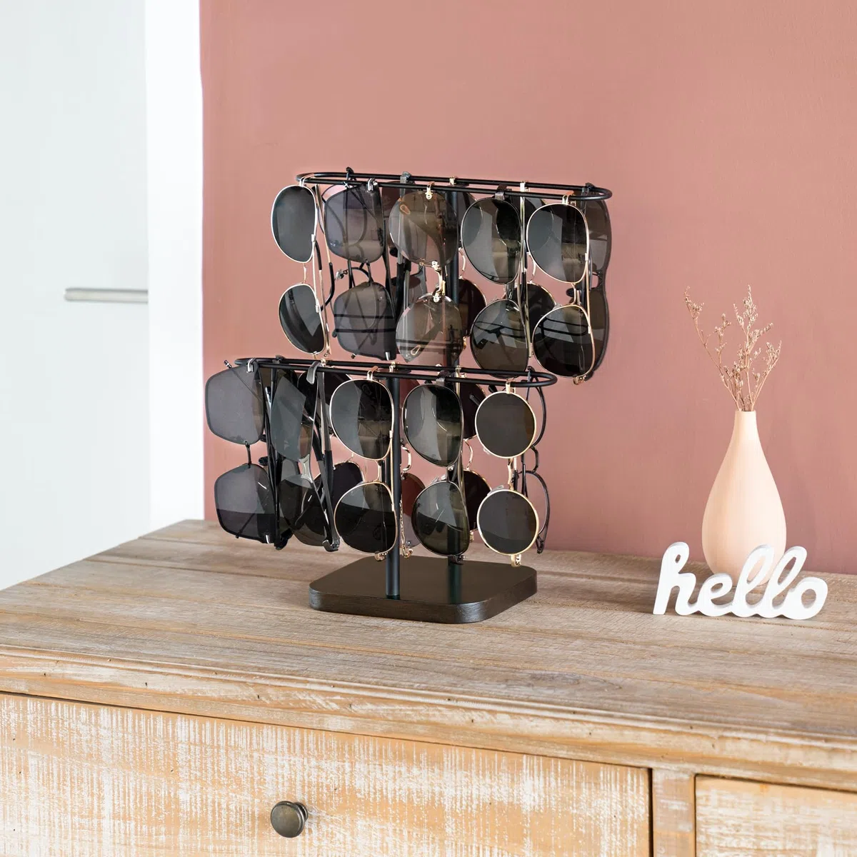 Mkono Sonnenbrillen-Organizer, Brillenhalter, 2 Ebenen, Sonnenbrillen-Aufbewahrung, Brillenständer, Metallrahmen mit Holzsockel, für 24 Paar Brillen für Tisch, Schreibtisch, Arbeitsplatte, Kommode,